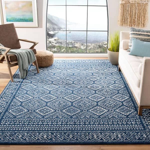 Tulum 12 ft. x 12 ft. Square Navy/Ivory Border Geometric Diamonds Area Rug