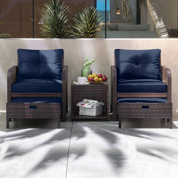 5-Piece Wicker Lounge Chair Outdoor Rattan Patio Conversation Set with Ottoman and Navyblue Soft Cushions
