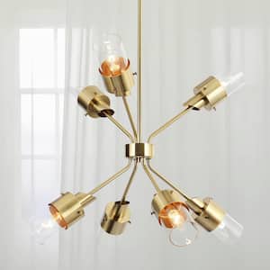 7-Light Modern Brass Gold Sputnik Chandelier, Transitional Adjustable Hanging Pendant with Cylinder Clear Glass Shades