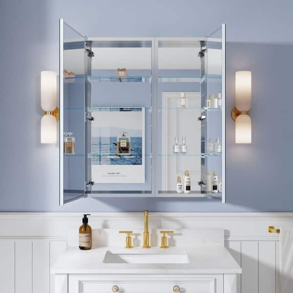 ROSA 28 in. W x 36 in. H Surface/Recessed Mount Rectangular Tri-View Aluminum Medicine Cabinet with Mirror, Combo Set