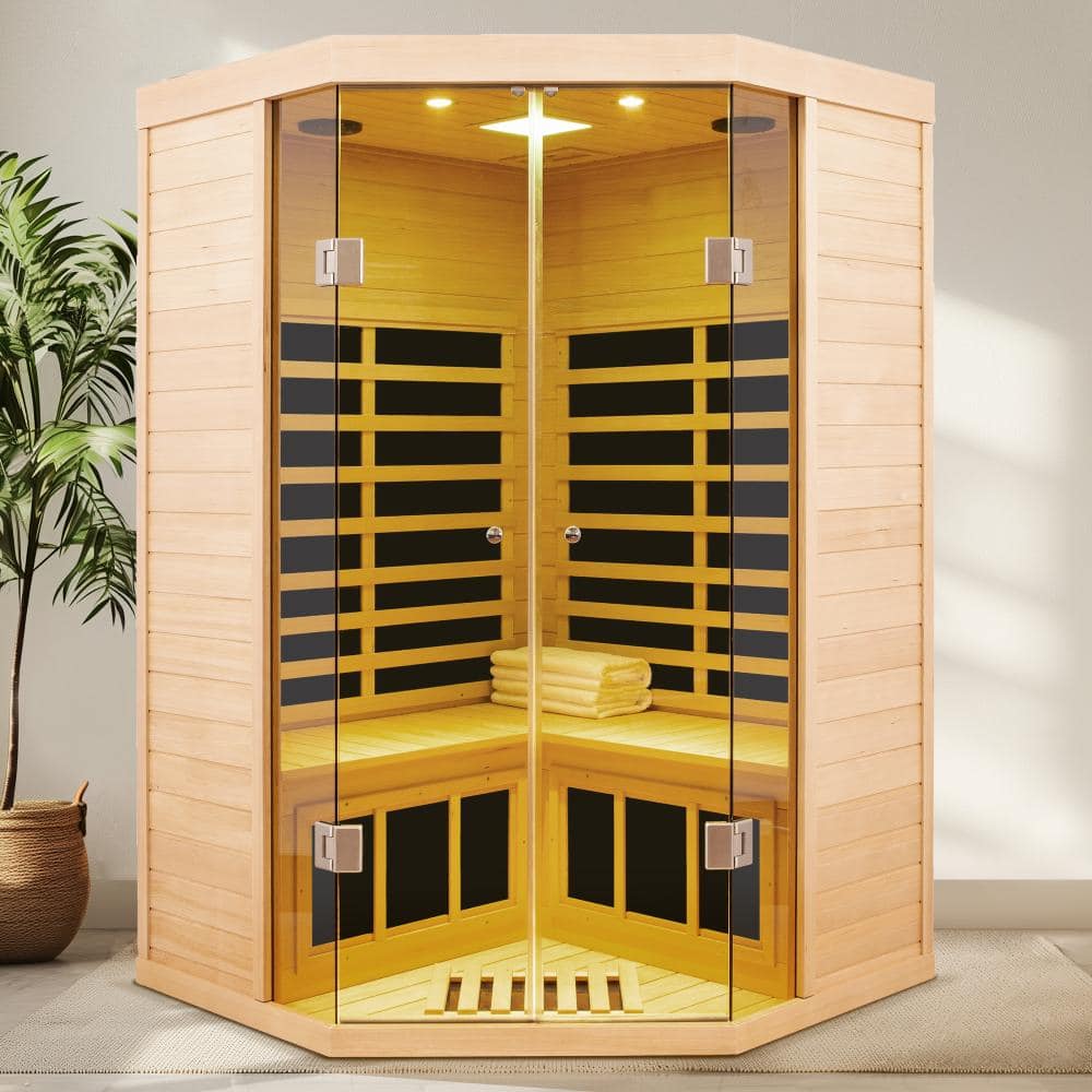 2-Person Indoor Hemlock Corner Sauna with 7 Far-Infrared Heating Panels,APP,Bluetooth Audio,Colorful Light