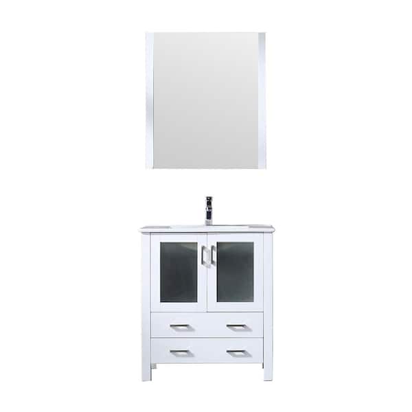 Volez 30 in W x 18 in D White Bath Vanity, Integrated Ceramic Top, Faucet Set and 28 in Mirror