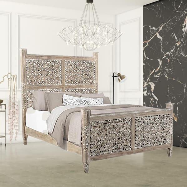 HomeRoots Bernadette Gray Wood Frame Queen Panel Bed with Solid Wood Carved