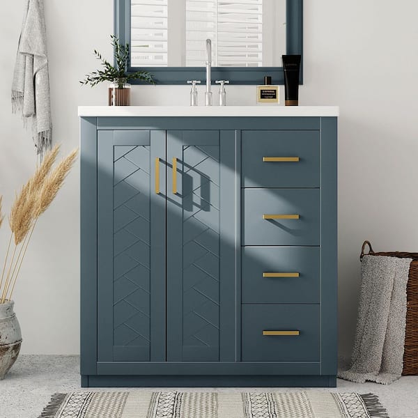 Staykiwi 30 in. W x 18 in. D x 34 in. H Single Sink Freestanding Bath Vanity in Navy Blue with White Ceramic Top