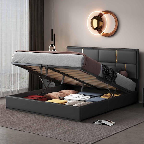 Black Wood Frame Queen Size Platform Bed with Hydraulic Storage System
