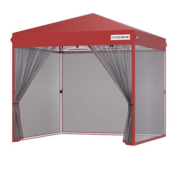 VIVOHOME 8 ft. x 8 ft. Steel Outdoor Easy Pop-Up Canopy with Mosquito Netting and Roller Bag in Red