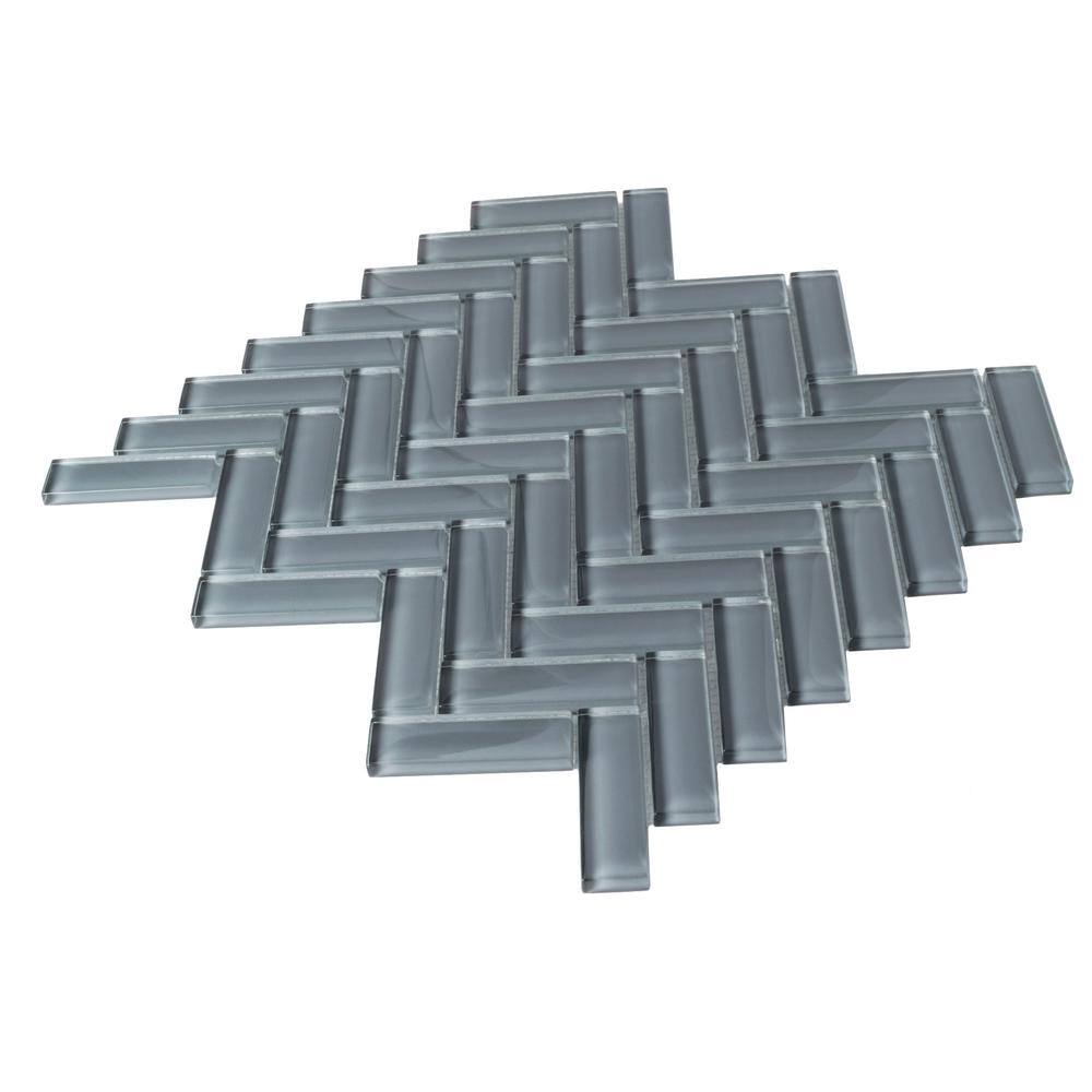 Dark Gray 11" x 12.6" Herringbone Polished Glass Mosaic Tile