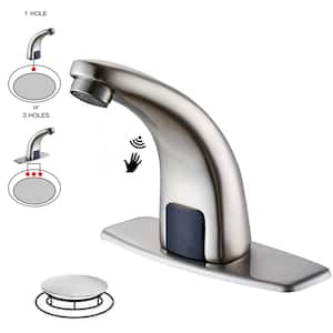 DC Powered Commercial Touchless Single Hole Bathroom Faucet With Deck Plate & Pop Up Drain In Brushed Nickel