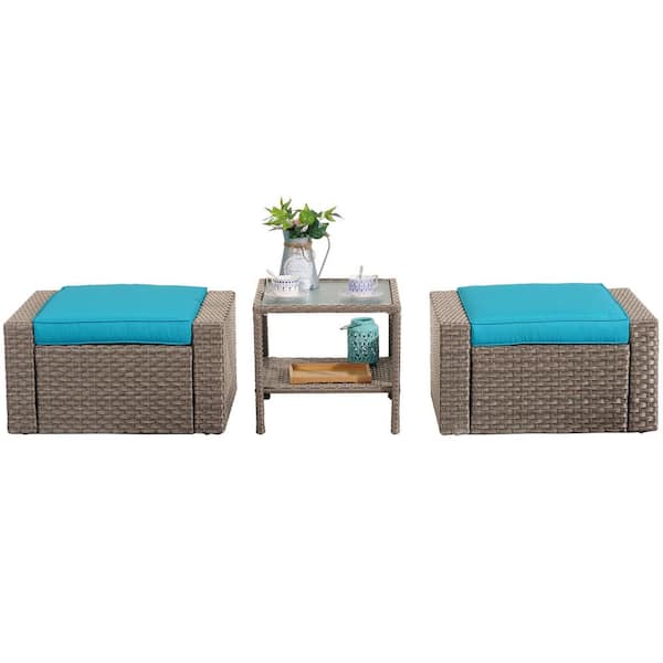 Anvil Brown Wicker Outdoor Ottomans Patio Conversation Sets with Blue Cushions and Glass Coffee Table (2-Pack)