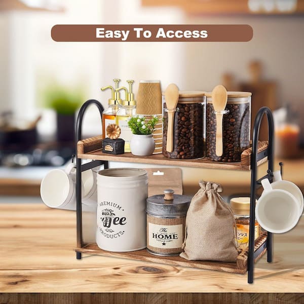 Wudkey 2-Tier Brown Wooden Beaded Coffee Bar Organizer with 4