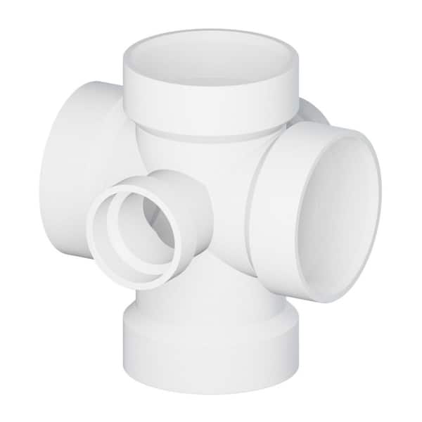 3" x 3" x 3" x 3" x 2" x 2" PVC DWV Double Sanitary Tee with Left & Right Side Inlet Hub, White PVC Drain, (10 Pack)