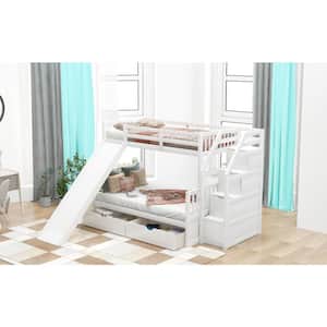 White Twin Over Full Size Bunk Bed with Slide, Storage Drawers, Wood Bunk Bed Frame, No Spring Box Needed