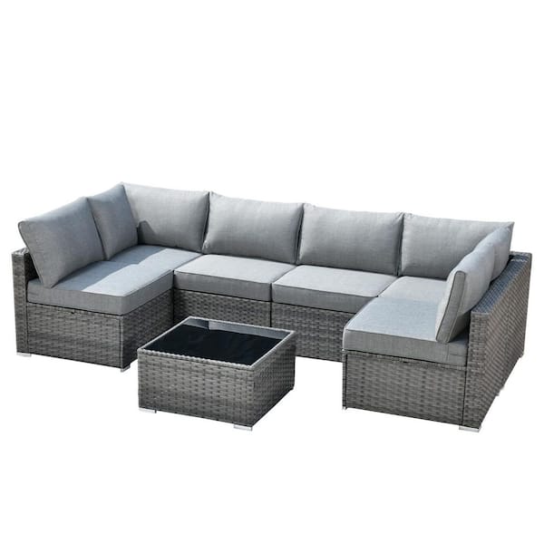 Sanibel Gray 7-Piece Wicker Outdoor Patio Conversation Sofa Sectional Set with Dark Gray Cushions