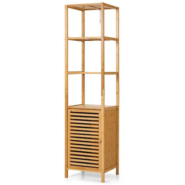 4 Tiers 15.5 in. W x 14.5 in. D x 65 in. H Beige Bamboo Freestanding Linen Cabinet Bathroom Floor Cabinet