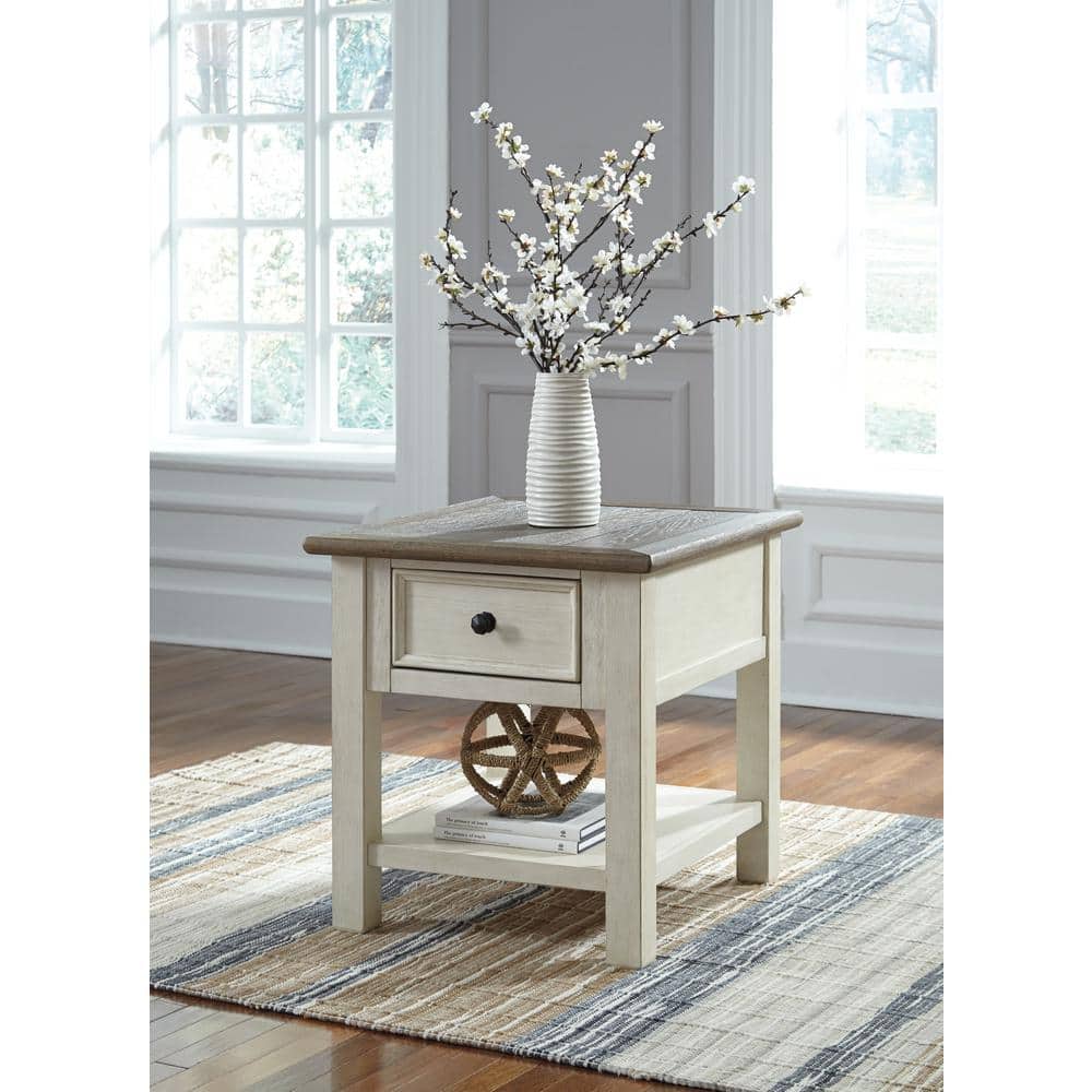 Bolanburg 24 in. White / Dark Brown Rectangle Wood End Table with Drawer and Lower Shelf