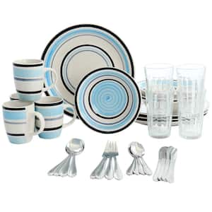 All U Need 32 Piece Ceramic Dinnerware Combo Set with Blue Stripes