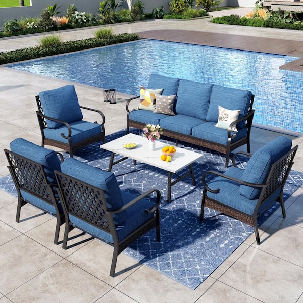 6-Piece Black Metal 7 Seats Outdoor Conversation Set with Fixed Chairs, Marbling Coffee Table and Pacific Blue Cushions