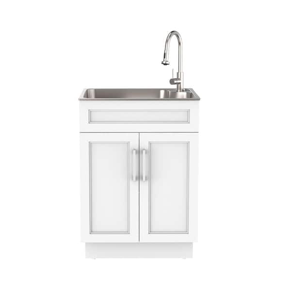 Glacier Bay 24 in. W Drop-In Stainless Steel Laundry Sink with Faucet and White Storage Cabinet