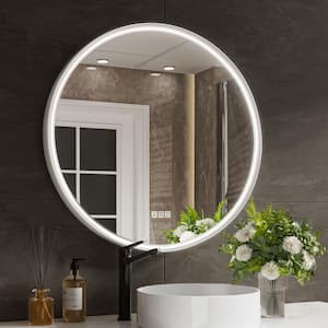 Lindia 30 in. W x 30 in. H Round Framed Anti-Fog Lighted Wall Mount Bathroom Vanity Mirror in White