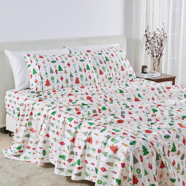 White Holiday Printed 4-Piece Microfiber Bed Sheet Set