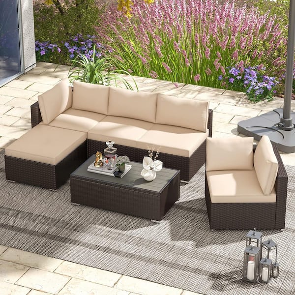 Cesicia Brown Frame 6-Piece Wicker Patio Conversation Set with Beige Cushions Pillows and Wood Table