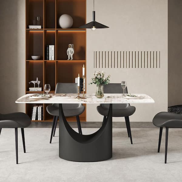 Pandora White Rectangular Sintered Stone 62.99 in. W Pedestal Dining Table Seats-6