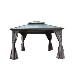 12 ft. x 12 ft. Gray Hardtop Aluminum Gazebo with Galvanized Steel Double Roof, Curtains and Netting for Patio Deck