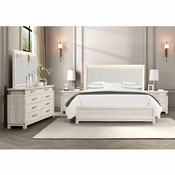 Furniture of America Patty 5-Piece Weathered Gray Wood Frame King Panel Bedroom Set with LED on Headboard, Stainless Steel Posts, Marble Top
