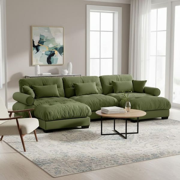 BLASTAR 130 in. Velvet 3-Seater Sectional Sofa with Round Bolster Arms and Modular Ottoman in Olive Green