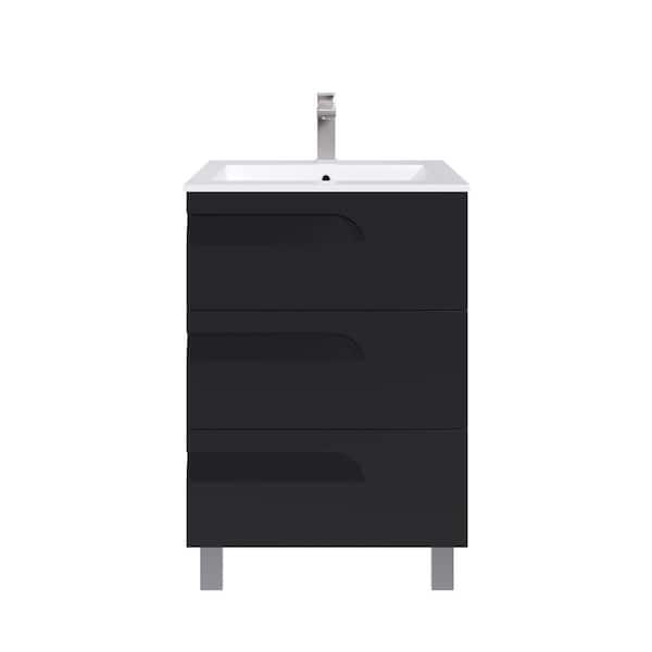Eviva Joy 28 in. W x 18 in. D x 21 in. H Floating Bathroom Vanity in Black with White Porcelain Top with White Integrated Sink