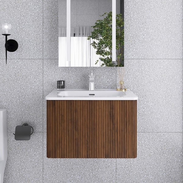 JimsMaison 24 in. W x 18 in. D x 16 in. H Single Sink Freestanding Bath Vanity in Black Walnut with White Ceramic Top