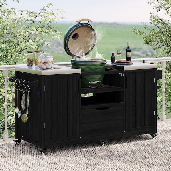 Black Wood 66.5 in. Indoor / Outdoor Kitchen Island with Stainless Steel Top, Drawer