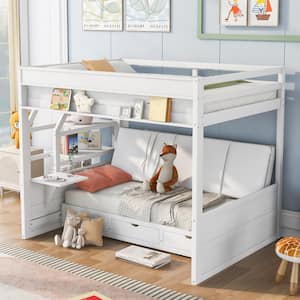 White Full Size Convertible Wood Bunk Bed with Storage Staircase, Bedside Table, and 3 Drawers