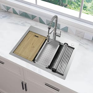 Professional Zero Radius 27 in. Drop-In Single Bowl 16 Gauge Stainless Steel Workstation Kitchen Sink with Accessories