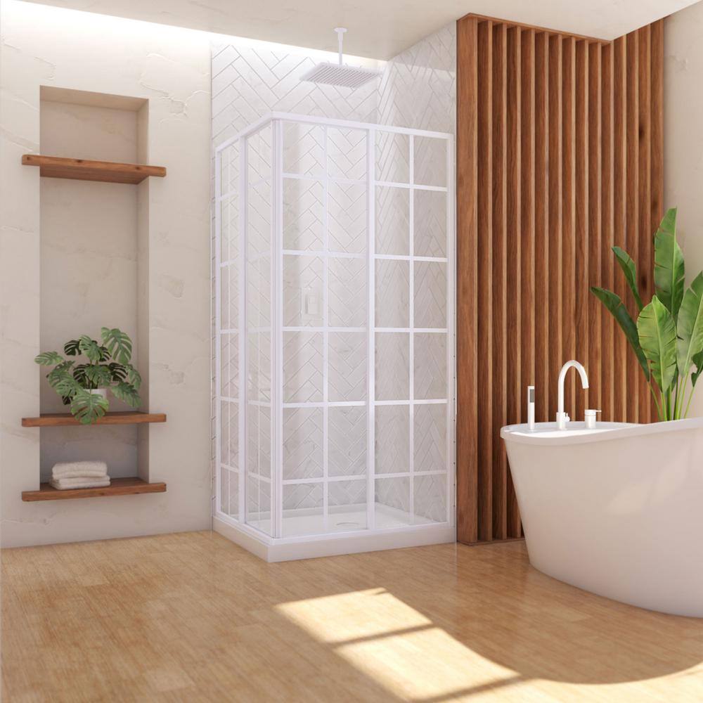 White Framed Square Sliding Shower Enclosure with Clear Glass