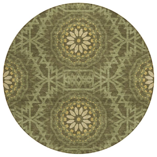Olive Green, Artichoke Green, Gold 8 ft. Round Woven Floral, Medallion Polyester Round Indoor/Outdoor Area Rug