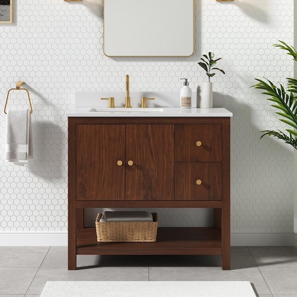 Avanity Zoe 37 in. Single Sink Walnut Bath Vanity with White Quartz Top