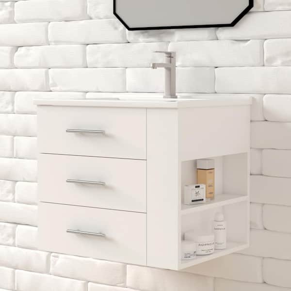 HOMEVY STUDIO Rita 24.25 in. Single Sink Wallmount Bath Vanity with White Ceramic Countertop in Matte White with Right Side Shelf