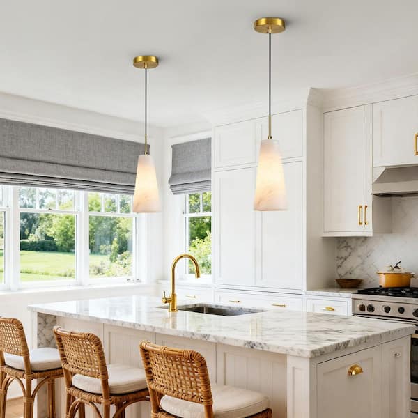 Natural Alabaster 3-Light Pendant Lights Kitchen Island White Marble Conical Shade Modern Gold Chandelier Ceiling Light