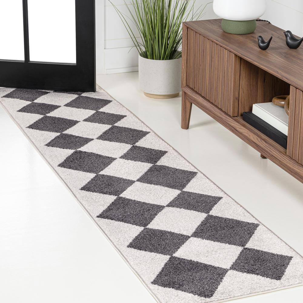 White and Dark Gray Geometric Synthetic Runner Rug, 2 x 8 ft.