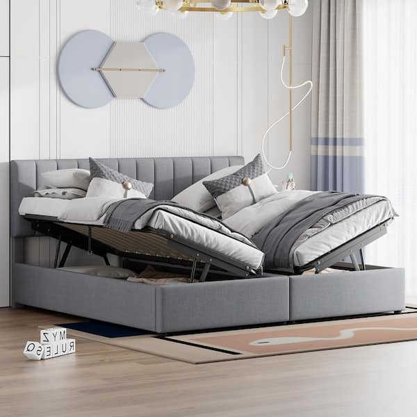 Gray Wood Frame King Size Upholstered Platform Bed with a Hydraulic Storage System