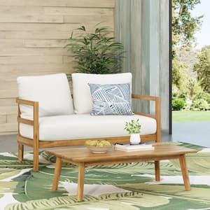 Acacia Wood Outdoor Loveseat and Coffee Table Set with Cushions, Brown and White