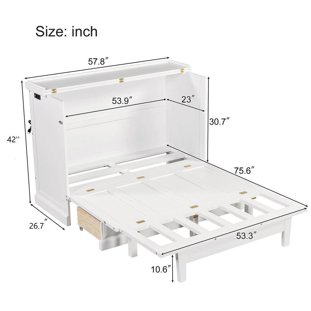 White Wood Frame Queen Size Murphy Bed, Chest Cube Cabinet Bed with Charging Station and Large Storage Drawer - thumbnail 2