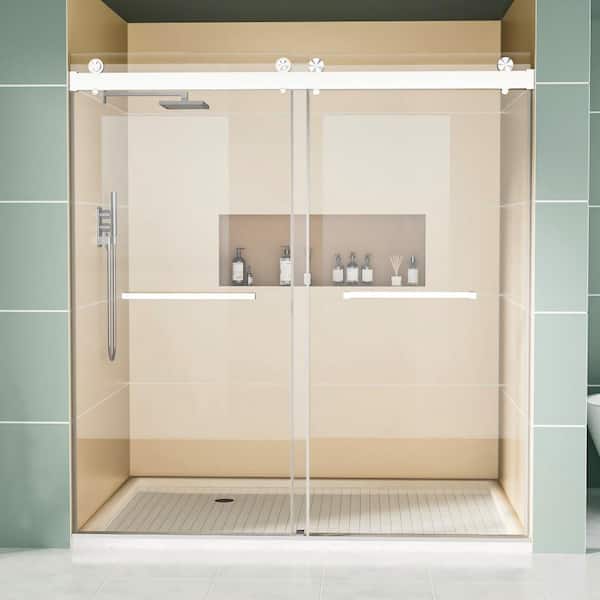 68-72 in.x 76 in. Double Frameless Sliding Shower Door Brushed Nickel Walk In Shower Door with Double Handle Clear Glass