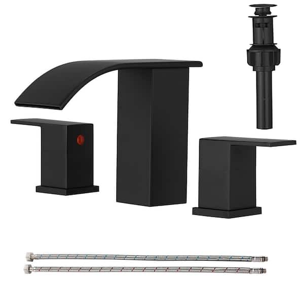 8 in. Widespread 2-Handle Waterfall Bathroom Sink Faucet with Pop Up Drain Assembly Stainless Steel in Matte Black
