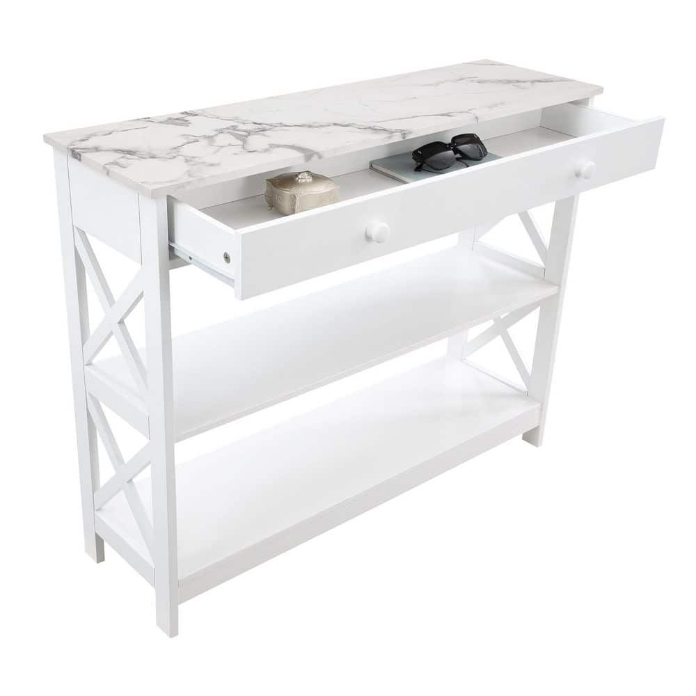 Oxford White Faux Marble Console Table with Storage Shelves