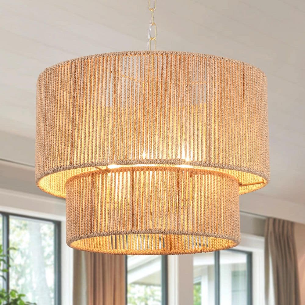 5-Light Gold Framhouse Drum Hanging Linear Chandelier Light Fixture Hemp Rope 2-Tier Pendant for Kitchen Island price history on PriceWatchPro