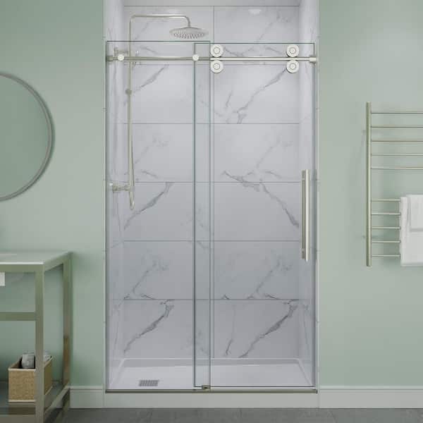 Ozean 44 to 48 in. W x 76 in. H Frameless Sliding Shower Door in Brushed Nickel with Tsunami Guard Tempered Clear Glass