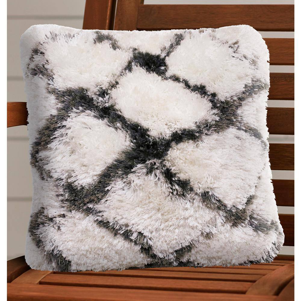 20" White and Black Diamond Shag Throw Pillow