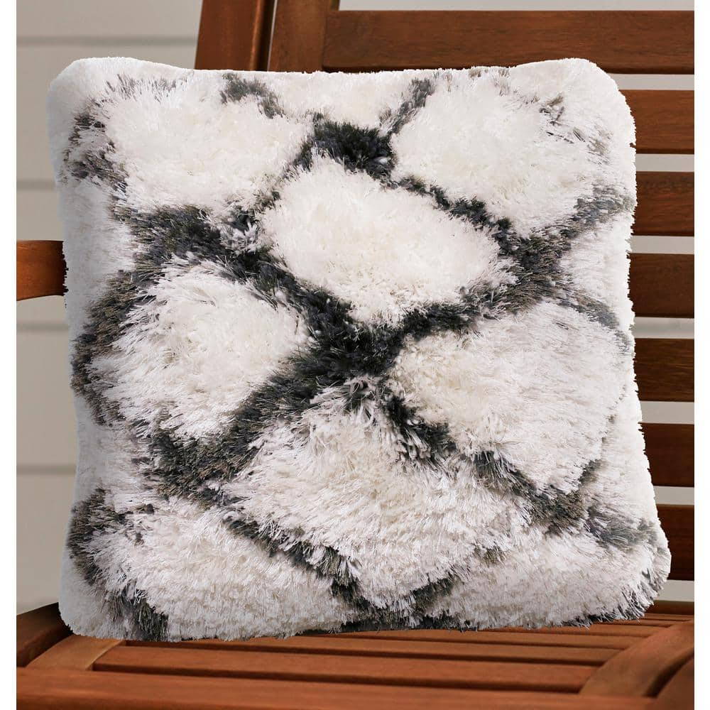 20" White and Black Diamond Shag Throw Pillow